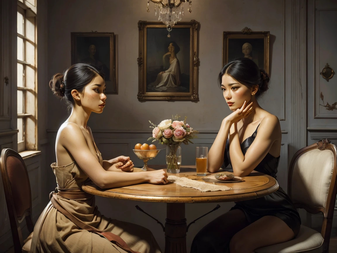 Inside a fragmented bourgeois French interior from the early 20th century, the composition revolves around a still life—a small table holding fruits and a ceramic vase—placed as a stabilizing focal point in the lower corner of the scene. Surrounding this stillness are four fragmented, angular nude women rendered in cubist forms, their bodies deconstructed into sharp geometric planes, creating an unsettling sense of broken space and tension. One figure, positioned slightly to the left, wears an intricately carved African mask with bold lines and dark wood textures.
The other women, with pale, expressionless faces, seem frozen in fear, their gazes empty and distant. The mask, in stark contrast, exudes an enigmatic power, a foreign and dominating presence amidst the shattered calm. The background is fractured into planes of ochre, beige, and muted browns, with faint remnants of French bourgeois decor—cracked walls, heavy curtains, and distorted architectural lines. The still life anchors the image, balancing the dynamic chaos of fragmented figures.
The atmosphere is charged with silent tension, as if time has stopped in a moment of confrontation. Shadows and diagonal lines cut through the space, emphasizing the violence of the abstraction while grounding the symbolic conflict between tradition and modernity.