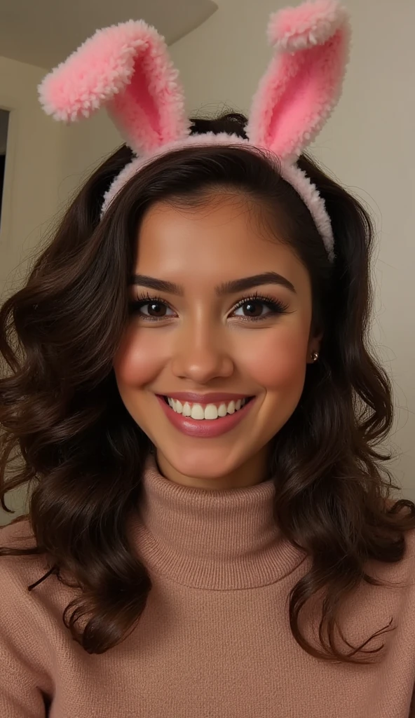 portrait of brunette smiling and standing, wearing bunny ears and turtleneck, photo