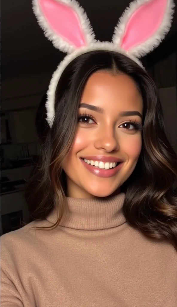 portrait of brunette smiling and standing, wearing bunny ears and turtleneck, photo