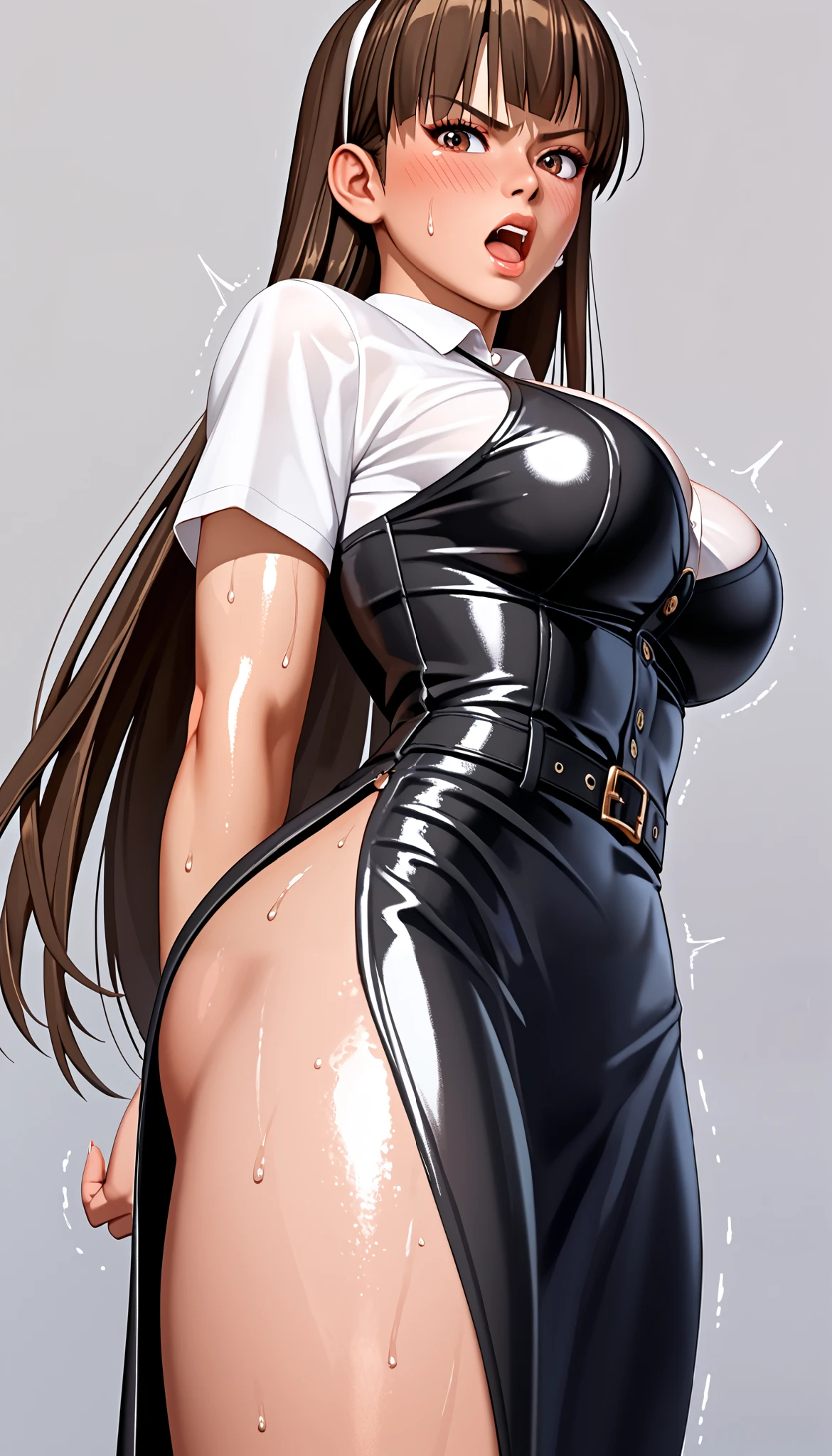 DOALeiFang, LeiFangDOA, gasp, {{{1 girl and 1 male}}}, {{{{{ Man standing between girl’s spread legs and holding girl’s butt }}}}}, shiny black leather tight long skirt with side slit, shiny white business shirt, arm-behind-back, {{ and bend your body backwards }}, OL, be breathless, sweat, sparkling sweat, trembling, long brown straight hair, brown eyes, breasts, [[angry]], blush, {anguish}, {{shameful}}, from side, from below,