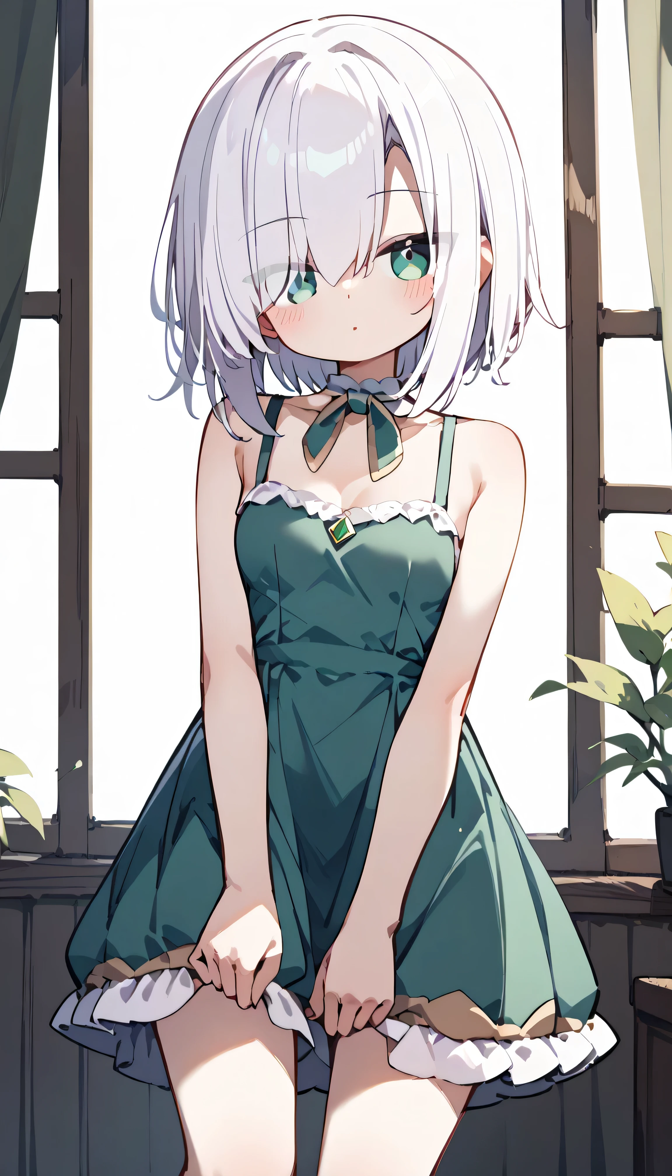  Emerald green eyes, white hair, eyes visible through hair, short hair　Alone,  eyebrow visible from inside hair ,  hair between eyes, slip dress