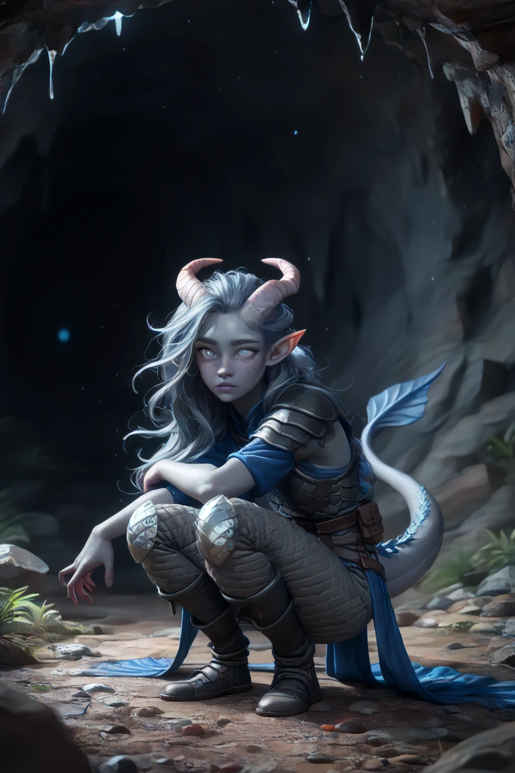 ( Cedar grows in the cave ), ((cave vaults )), (in the background, a bright cave with blue crystals ), (kind face, visible from behind ), ((crouching in a cave)) (1Тiefling ,  dark blue-gray skin :1.7), (very thick long tiefling dragon tail:1.5), (((long dark blue flowing hair))) ,  ((( bright pigmentation on the face))), (((blue-black freckles ))) , ((2 fins on the head)), ((bright blue-grey pupils, very black eyes)), ((skin pigmentation,)),  girl  , (kind face), (curiosity ), ( openness in view ), ( curious eyes ), ((30 years old)), ((((chainmail)))), ((gray-black armor )),  (( Protection on a thick long blue dragon tail)), [medieval pants], (short little raincoat), (( dynamic pose  , view from behind )) , ( dark grey straight short horns), (highest quality,  masterpiece fails,   highest detail ) ,  fantasy background. blue tones, Dark tones.  Clear water at the bottom of the cave, stream , scale,  Dark colors , stalagmites ,  stalactites , dark shades,  muted colors. (( Bottom view from afar,  full length)).