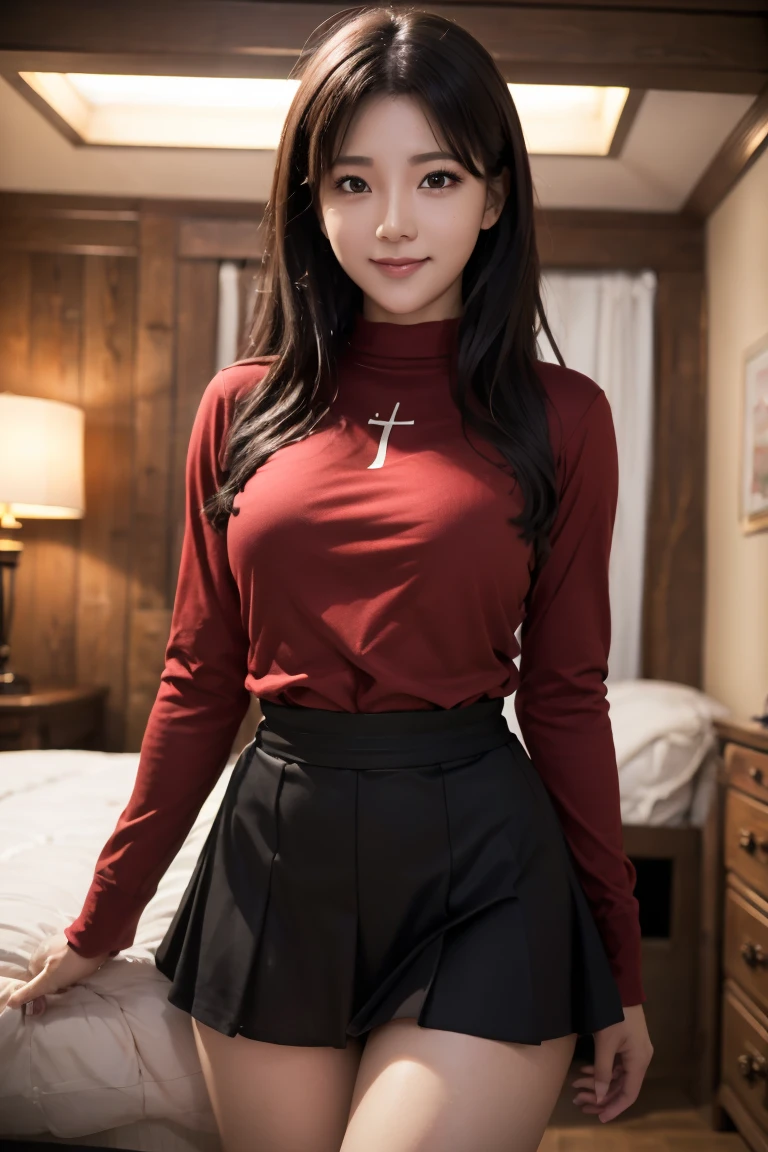 best qualtiy,tmasterpiece,超高分辨率,(真实感:1.4),RAW photogr,cold light,1girll,(Close-up of the upper body,closeup of face), Nice face,(Slim,Raised sexy),ssmile,cabelos preto e longos,hair adornments,(slender leg,Cross ed leg), (White sweatshirt,Pink pleated skirt),Beautiful teenage girl,Beautiful goddess,Detailed scenes, Picturesque, Beautiful teenage girl,Beautiful goddess,Detailed scenes, Beautiful digital illustration, the detail,Hyper-detailed, Cinematic quality, (Beauty and aesthetics,big breasts beautiful)