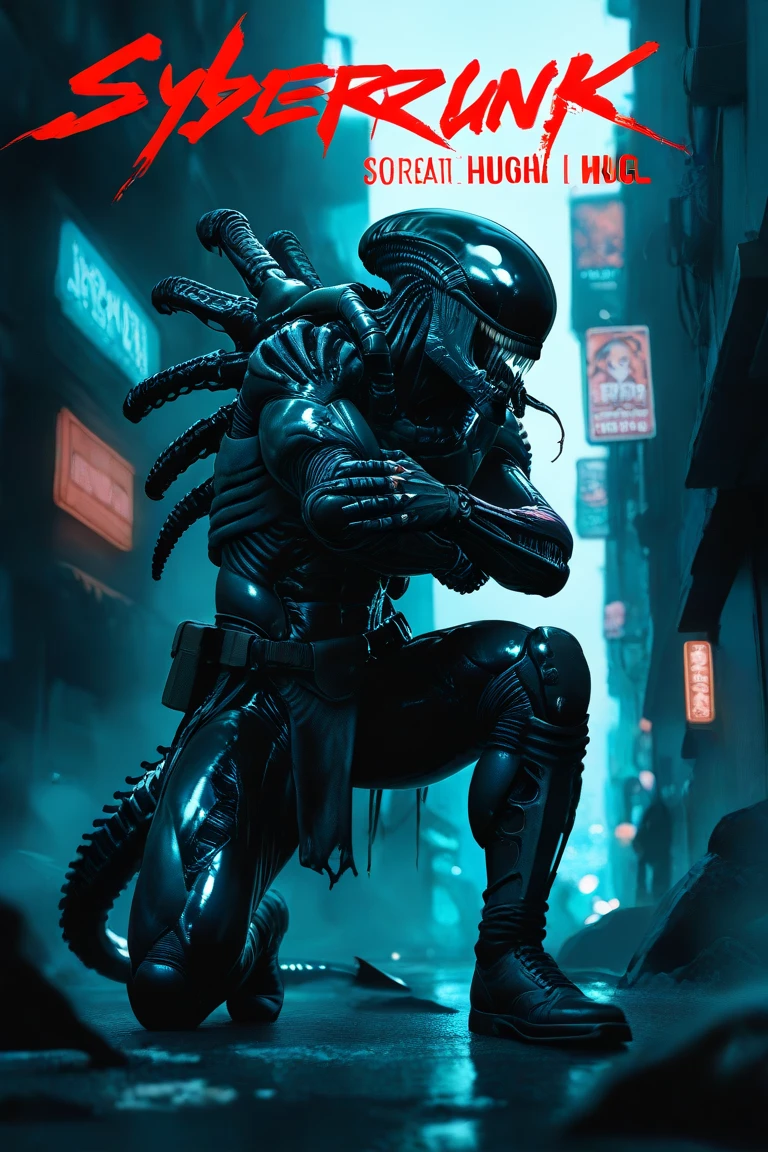 Anime Comic poster Cyberpunk Poster Xenomorph-Cyborg Female Hug with Predator-Cyborg Filigree 4K UHD