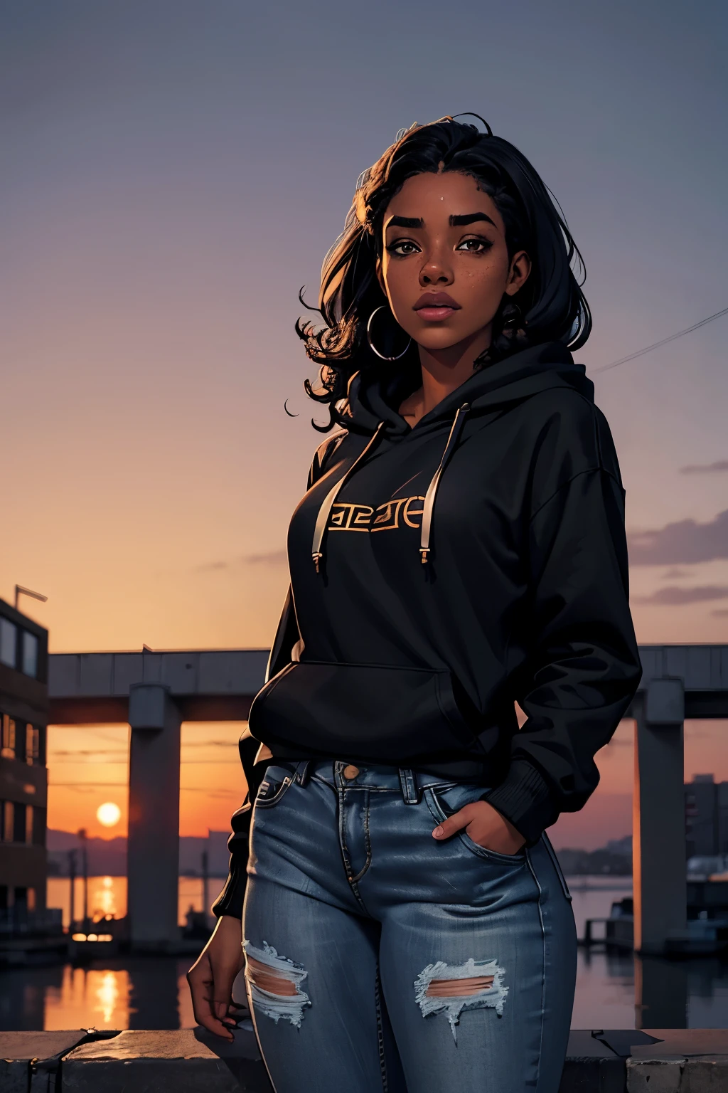 23 year old woman in a black hoodie and jeans with curly black hair, brown eyes, full lips, freckles, nubian nose, and a kind face, standing outside at dusk, portrait