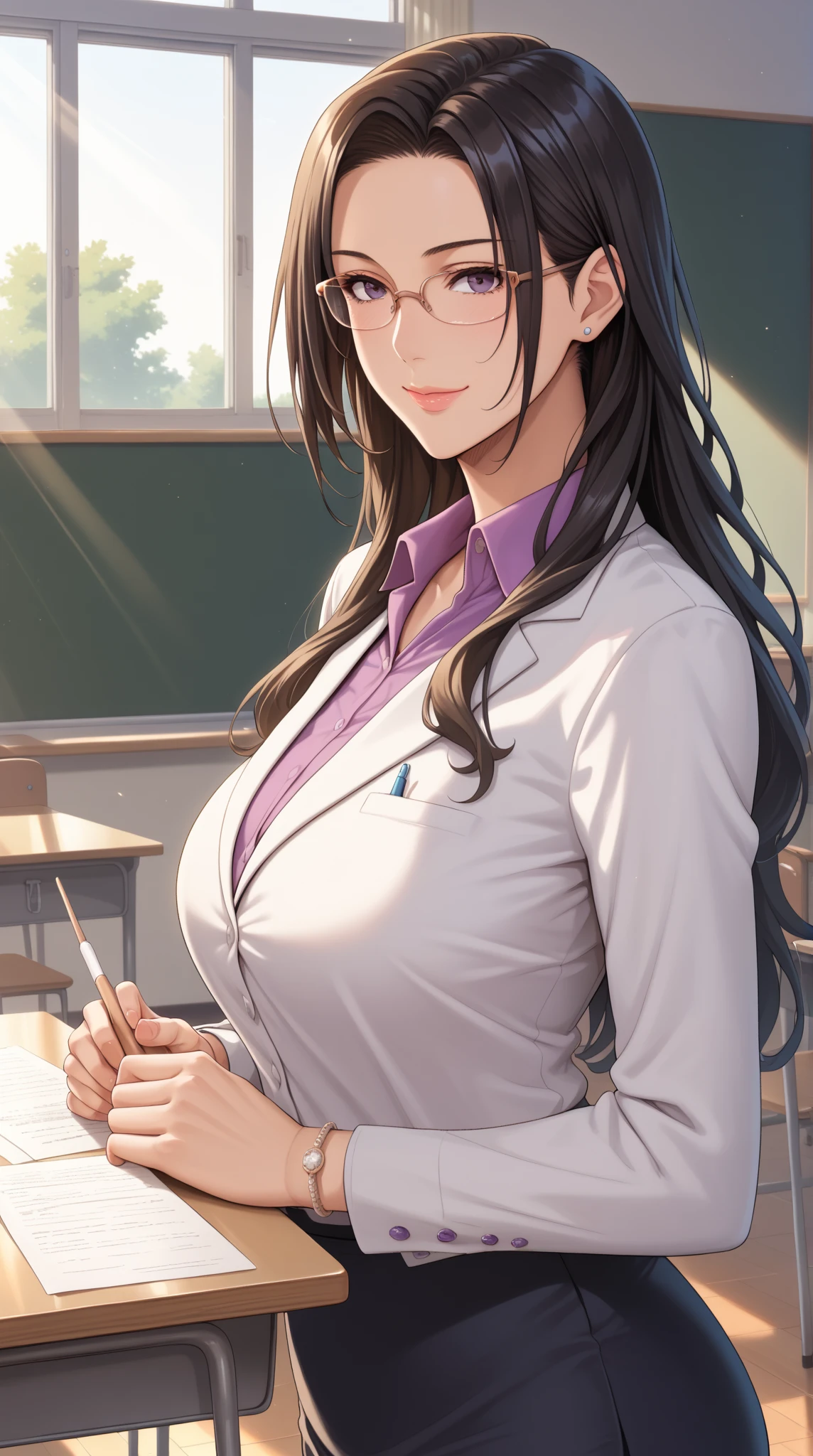((Tabletop, highest quality, High resolution, , Pixel Perfect, 4K,))), 1 female teacher, single, alone, beauty、The whole body is visible、 ((Mid-wave hair, bangs, Brown Hair)), ((Brown eyes, Beautiful eyelashes, Realistic eyes)), ((Detailed face, Blushing:1.2)), ((Smooth texture:0.75, Realistic texture:0.65, Realistic:1.1, Anime CG Style)), Medium sized breasts, Dynamic Angle, Perfect body, (( , , Braless female doctor in a white coat、、, 、))、Dark Blue Flared Skirt、Very embarrassing panic smile, 、、classroom、Sit on a chair、Leaning forward、、(pink floral lace panties)、Angle from below)、