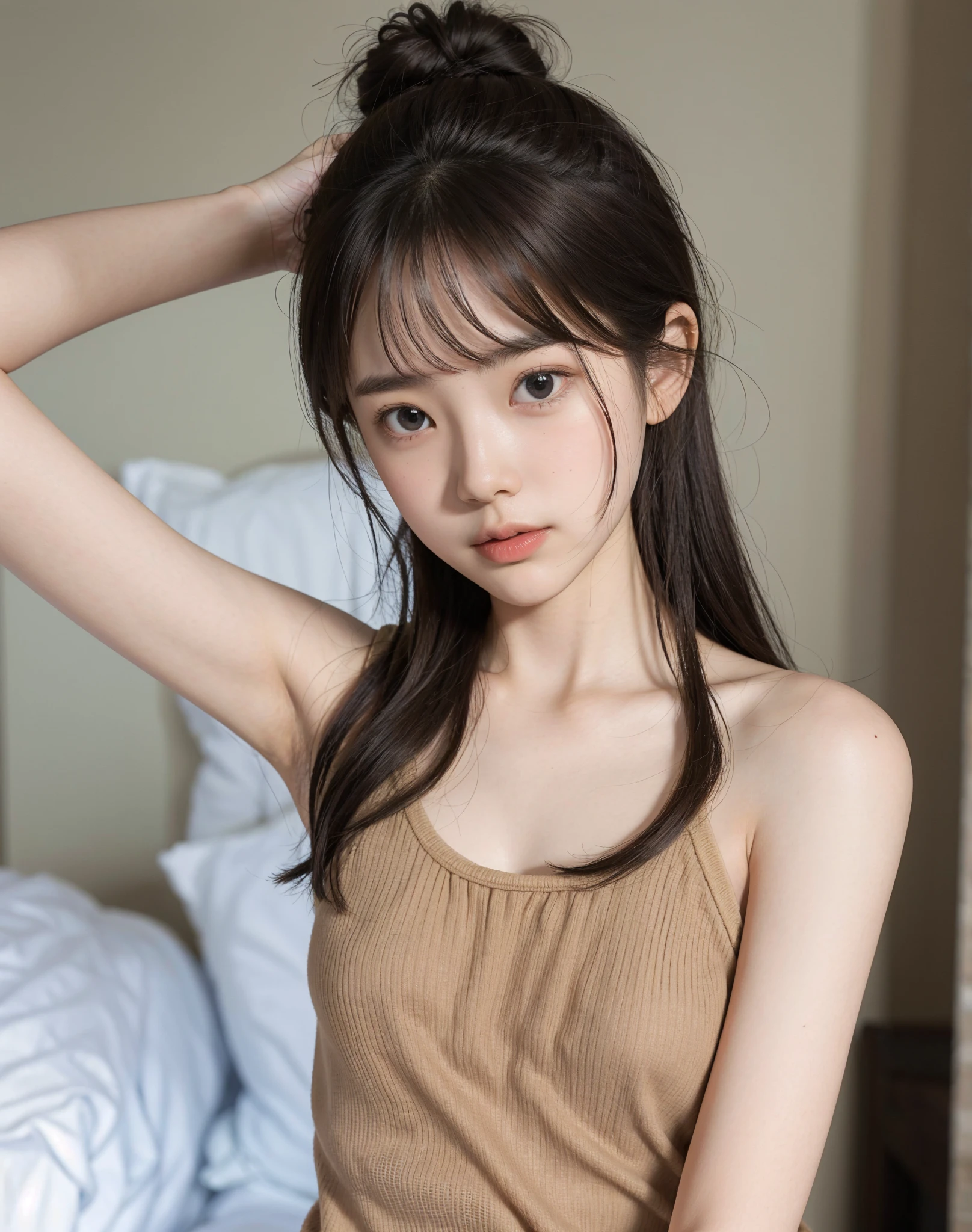  cute girl, bun hair , brown hair ,delicate,masterpiece,underarm,Thin arms, slender body 