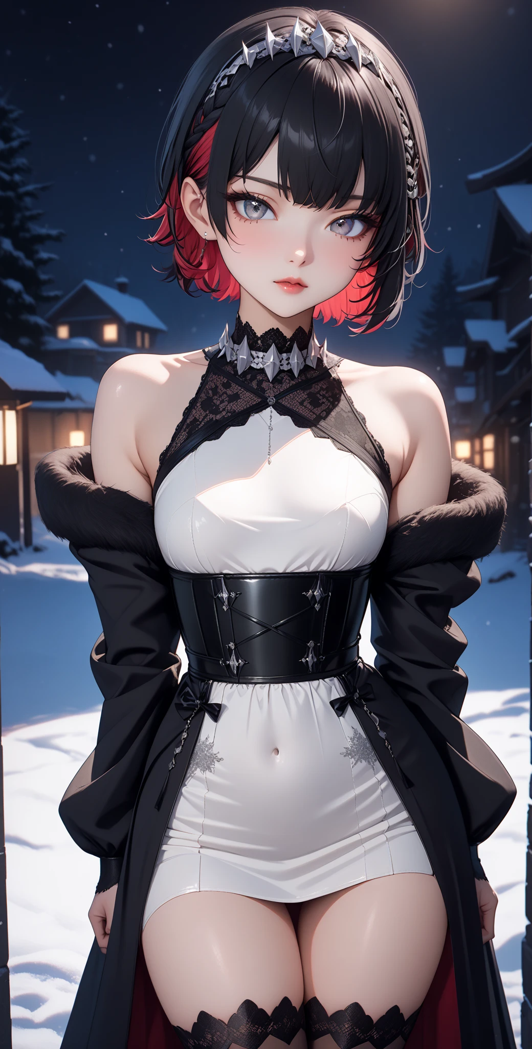 score_9, score_8_up, score_9_up, source_anime, close up photo,  beautiful face, ellenjoe, night, passionless,  closed mouth, ellen joe, black hair, moonlight, japanese party, night winter,  night party, snow, sexy body, very small breasts,  colored inner hair, multicolored hair, grey eyes, red hair,  short hair,  two-tone hair, shoulders covered, winter long dress, winter sleeves,  long sleeves, long shirt, silver corset, gala elegant dress, winter dress, elegant dress, night,  dark room, arms behind her back, lace collar,sexy body,  small breasts, two-tone hair,  beautiful eyes, beautiful legs, sexy legs, solo, fantasy world, night, beautiful eyes