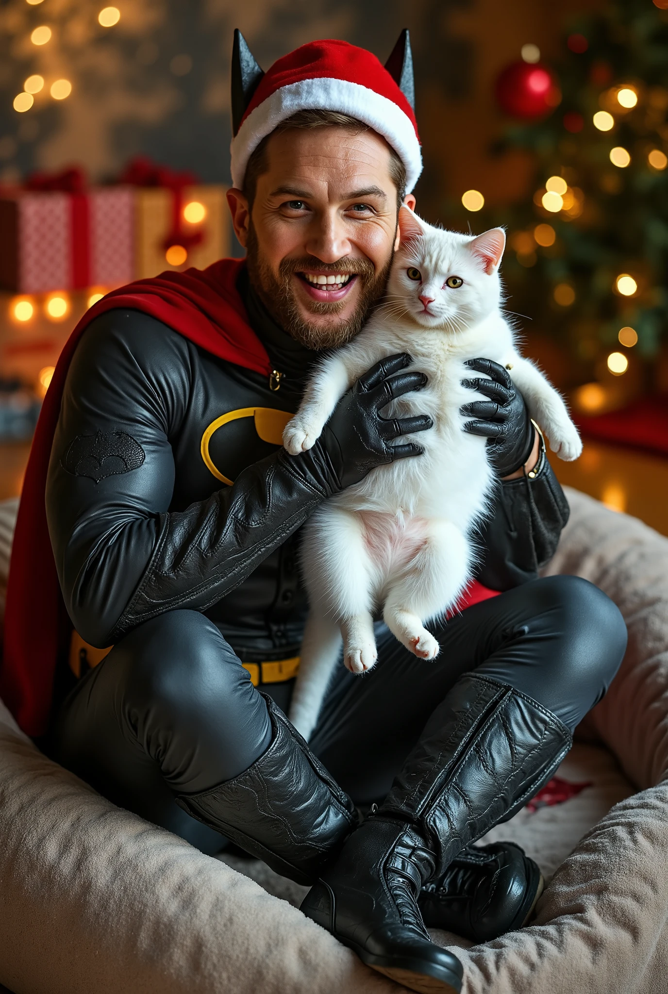 looking at viewer, 1 male, Bat man style , holding cute white cat, brown short hair, brown eye ,smile, Bat man costume, male sexy cat pose, Santa hat and shoes, big cat bed, in home Christmas tree, present, (masterpiece, highest quality, High resolution, Photo realistic, sharp, RAW Photos, wallpaper, perfection, Professional Lighting, Very detailed)