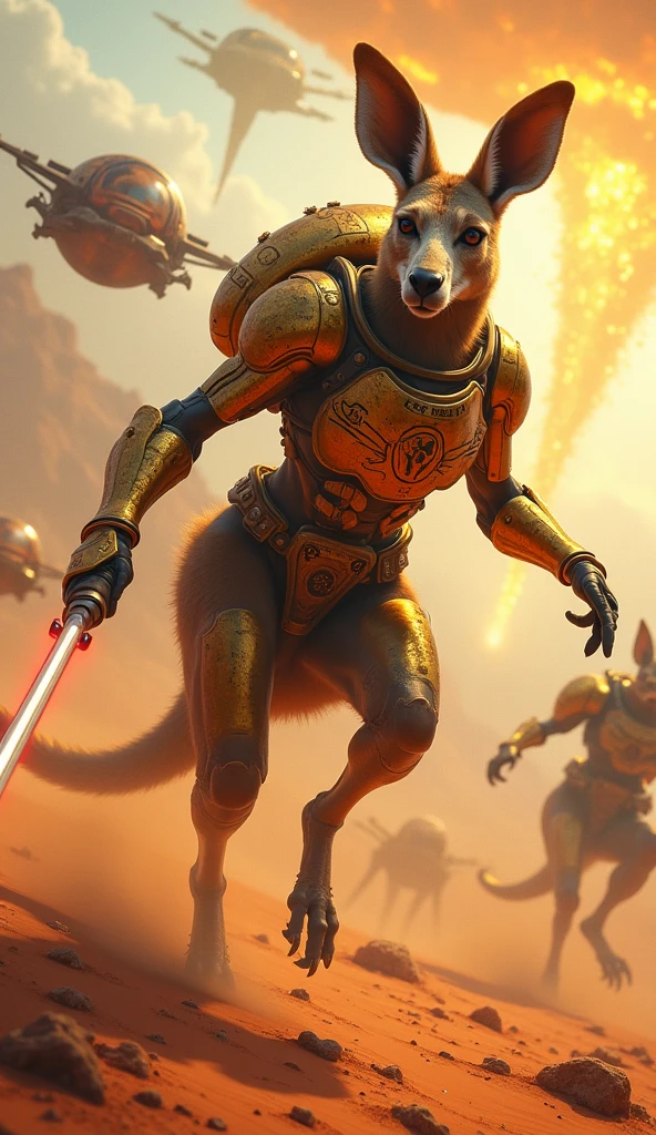  A muscular female kangaroo leaps across a scorching desert ,  where enormous skis Seletons of ancient creatures emerge from the red sand .  She carries a human  in a floating capsule behind her ,  connected to her golden and frayed armor ,  that shines with enigmatic heat-activated runes . On the horizon,  a fiery tornado engulfs everything in its path , and speedy alien vehicles chase them . with a fierce look,  she holds a plasma spear in one of her front legs ,  while her tail fires off bursts of energy to ward off enemies .  even in the midst of chaos ,  the capsule emits a song Soft that seems to calm the  and keep the kangaroo firm in its mission.