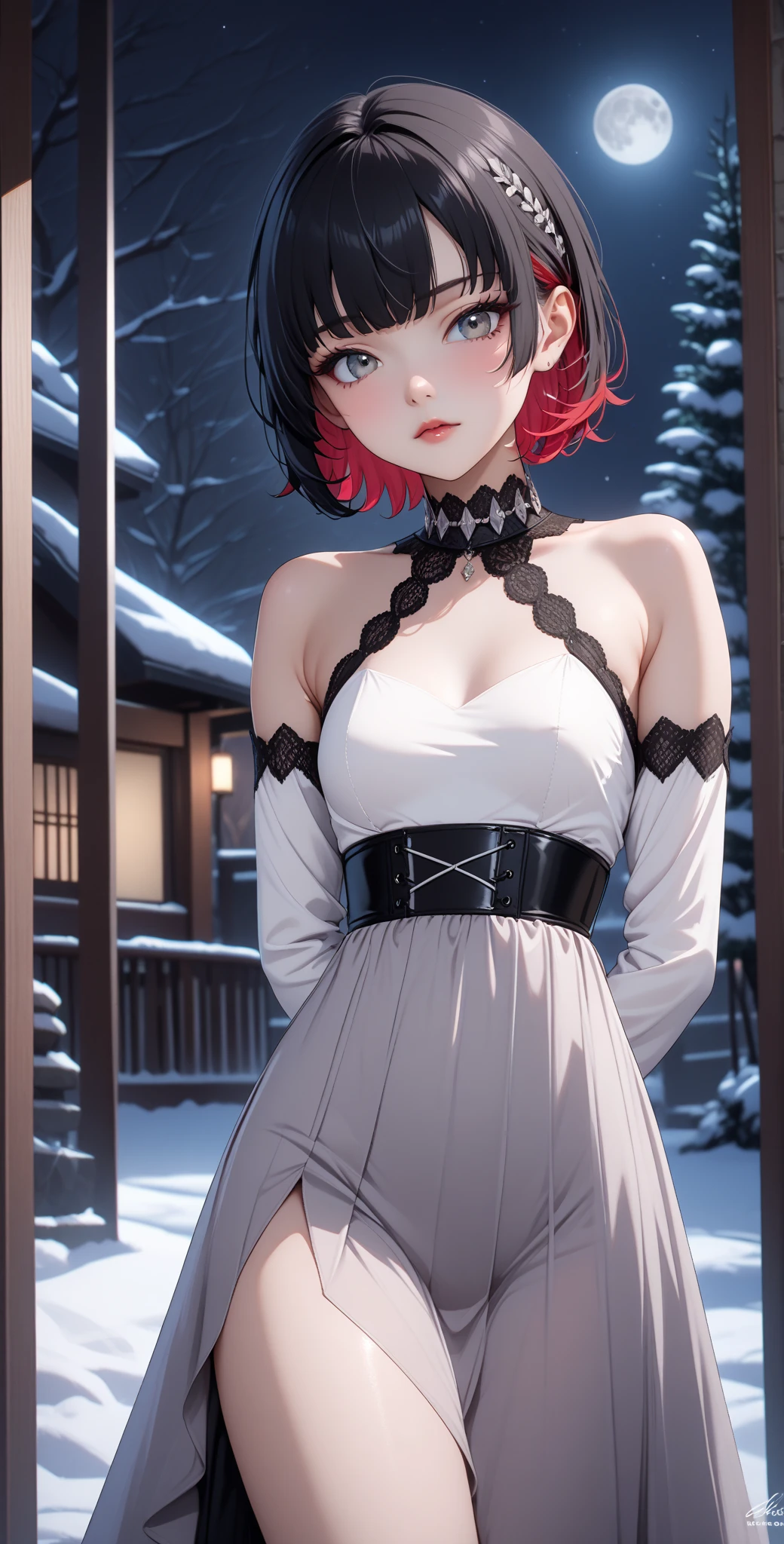 score_9, score_8_up, score_9_up, source_anime, close up photo,  beautiful face, ellenjoe, night, passionless,  closed mouth, ellen joe, black hair, moonlight, japanese party, night winter,  night party, snow, sexy body, very small breasts,  colored inner hair, multicolored hair, grey eyes, red hair,  short hair,  two-tone hair, shoulders covered, winter long dress, dance long dress, dance dress, dress for dancing, winter sleeves,  long sleeves, long shirt, silver corset, gala elegant dress, winter dress, elegant dress, night,  dark room, arms behind her back, lace collar,sexy body,  small breasts, two-tone hair,  beautiful eyes, beautiful legs, sexy legs, solo, fantasy world, night, beautiful eyes