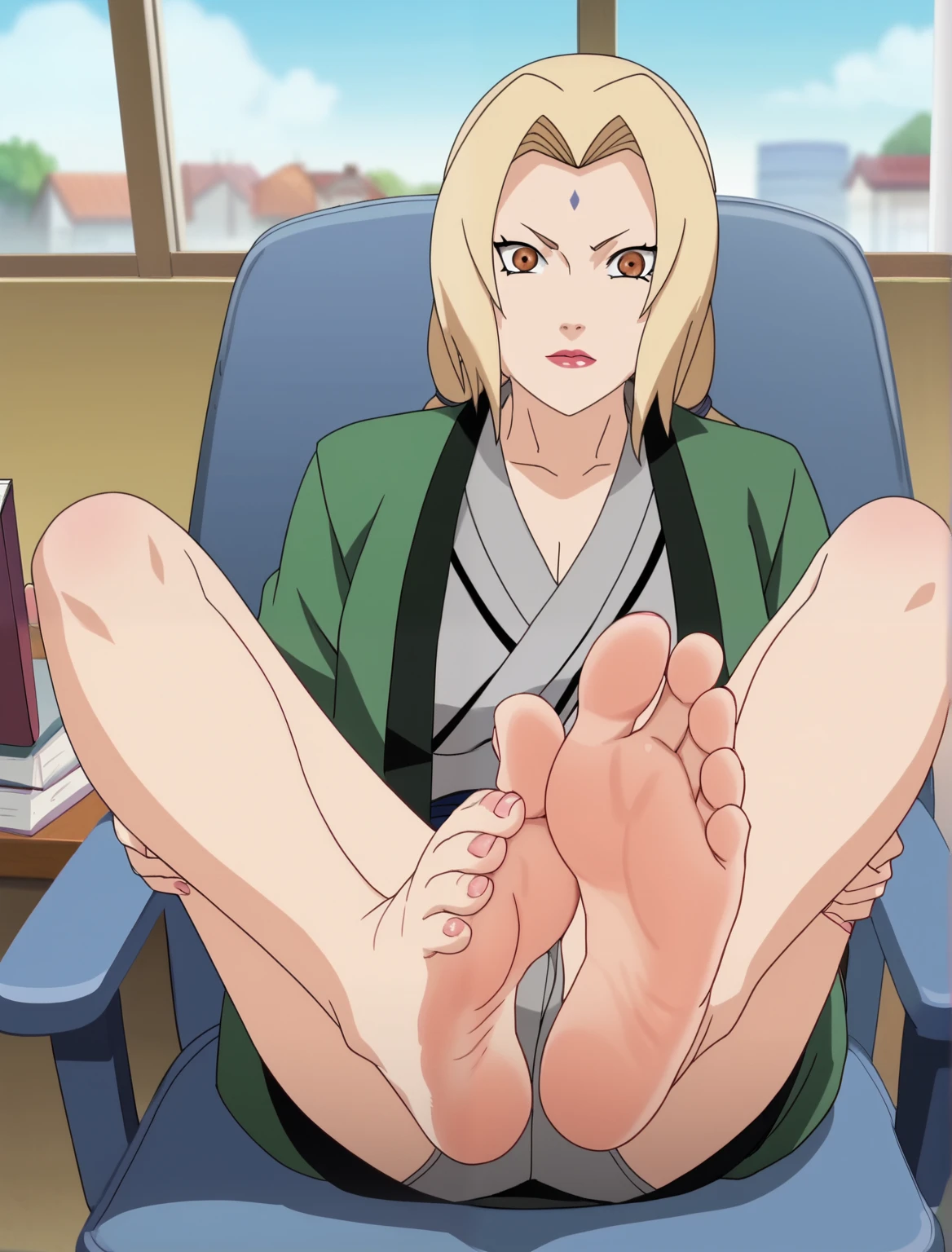 Score_9, score_8_up, source_anime, 1girl, Tsunade, alone, in her office, lying on the ground, lifting legs to show her soles, cowboy shot, ANIME SCREENCAP, anime coloring, barefoot, perfect feet, anatomically correct, soles, focal length 35mm, each foot has five toes, front, symmetrical soles, foot focus