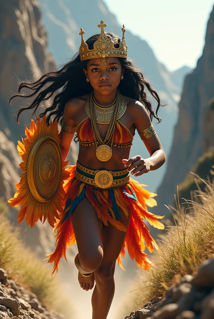 Pixar 3d Create an illustration of a young African child warrior with a powerful, confident stance. The child should have dark skin, wearing traditional African-inspired attire, including a red headscarf and a matching red tunic with golden accents. The warrior is holding a magical staff that emits bright blue lightning. The background should be simple, focusing attention on the child and the glowing blue energy surrounding the staff