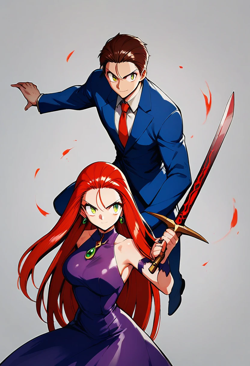 very sexy woman fighting with evil demons, red-haired woman, long hair, green eyes, violet dress, with a sword killing a spirit, with her companion a very handsome man, brown eyes, brown hair, blue suit, very short hairstyle backwards, protecting the woman from the demons, the two smiling with confidence, night background,