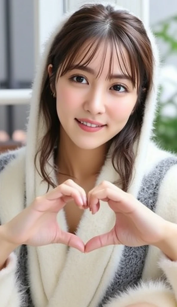  high definition 、 1 woman with a cute smile、 Wear fluffy off-the-shoulder pajamas and make a big heart in front of your chest with your own hands, Photo Mapping、Physically based rendering、 high image quality、 high definition 、1080P、 rich details 、( Stunning Features :1.35)、( detail eyes)、Delicate clavicle、 Various Poses、 A very realistic and detailed upper body portrait of a young woman。The skin is beautiful、 soft light reflecting high on her cheeks .、 Tiny pores and hair follicles、 You can see even the thinnest blood vessels 。The skin is smooth、natural flushing of cheeks 、Healthy glow。 The eyes are large and clear blue、Her iris has fine patterning、 Light is reflecting and shining in the eye。 There is a slight shadow under her eye 、 Her eyelashes are long and naturally curled。 her lips are soft pink 、Smooth texture with a natural glow、 Slightly reflects light。  background is pale black and white gradation .、 The focus is entirely on the face and upper body。 Realistic shadows and textures、 picture-like depiction.。
