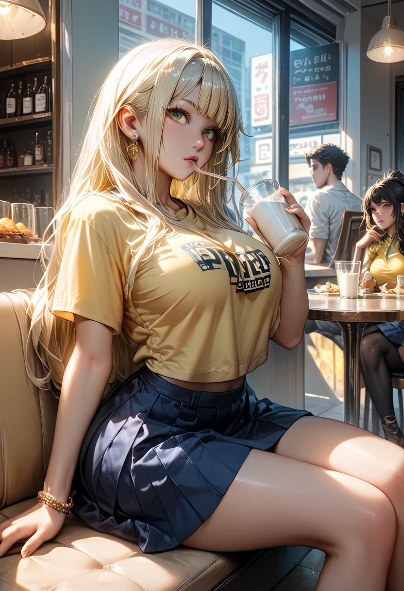  girls drinking milk in a cafeteria sitting in a chair looking at the full street .   bodies Athletic big breasts big buttocks long hair multicolored green eyes dressed in blue skirt .yellow t-shirt pronounced neckline  