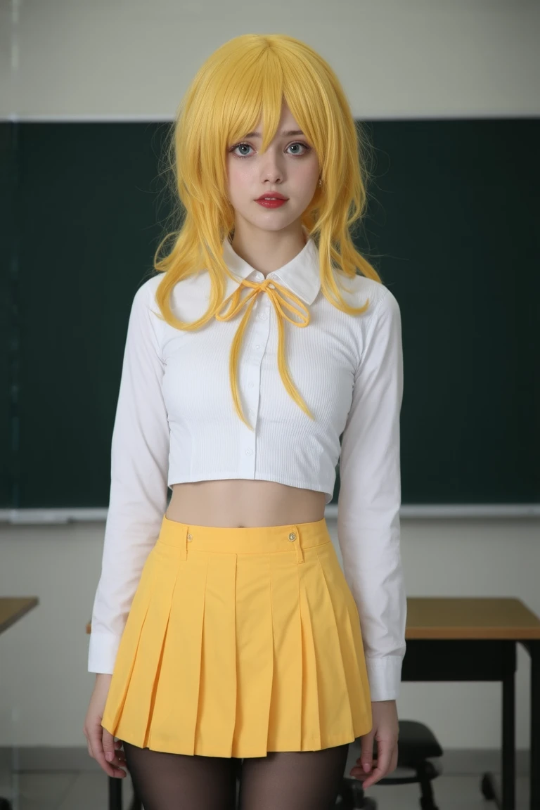 Anime girl in a short skirt without panties with yellow hair in pigtails on both sides.