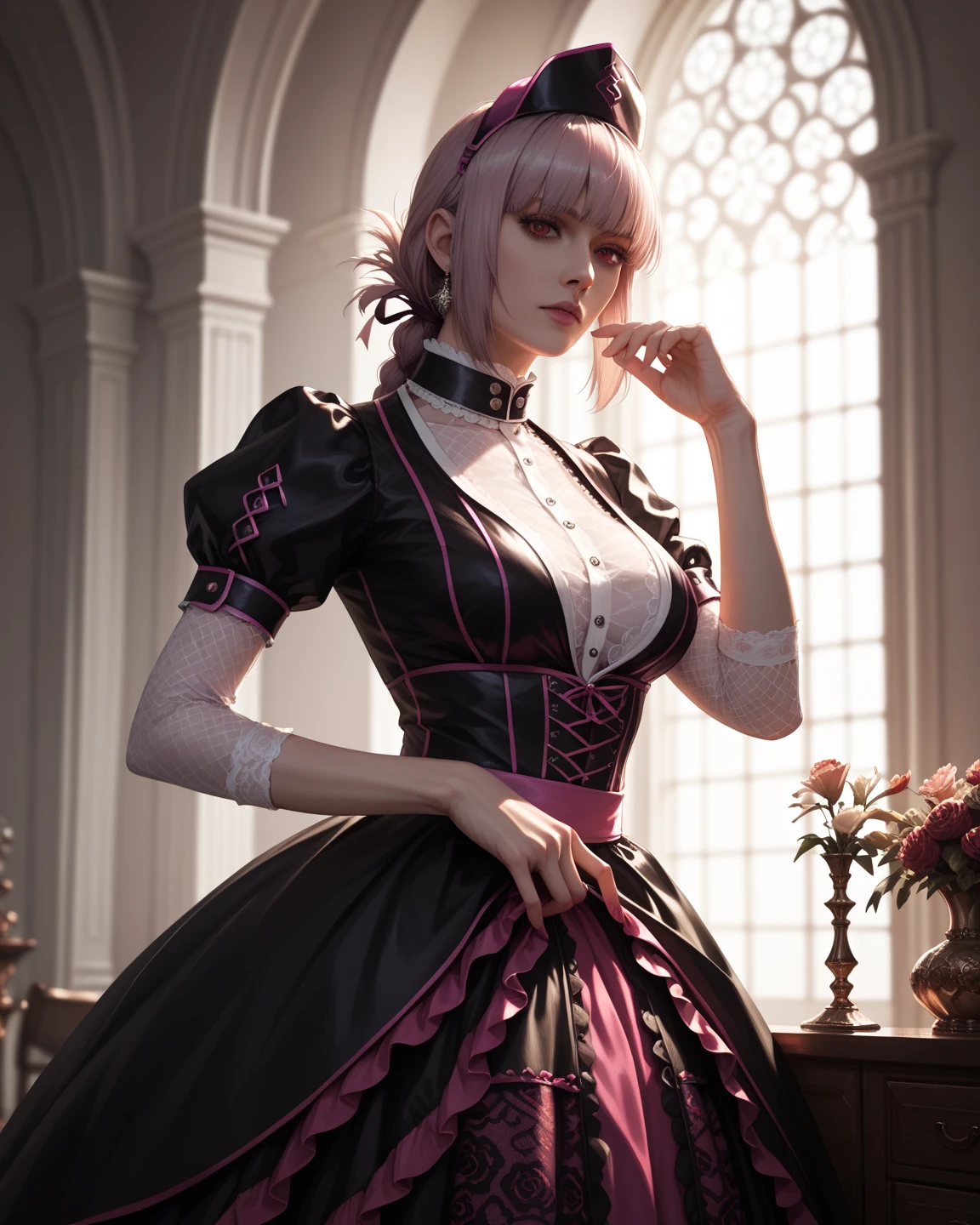 Realism, Photorealism, Photorealistic, Hyper Real, Hyperrealistic, Realistic, Full-HD, 1080p, 16k a woman wearing a dress made of cerise and chartreuse home library with dark gray walls, in the style of sci-fi noir, futuristic victorian,