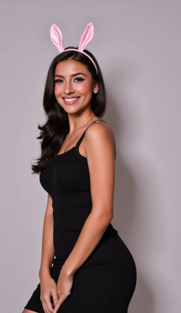 portrait of brunette smiling and standing, wearing bunny ears, club dress, photo