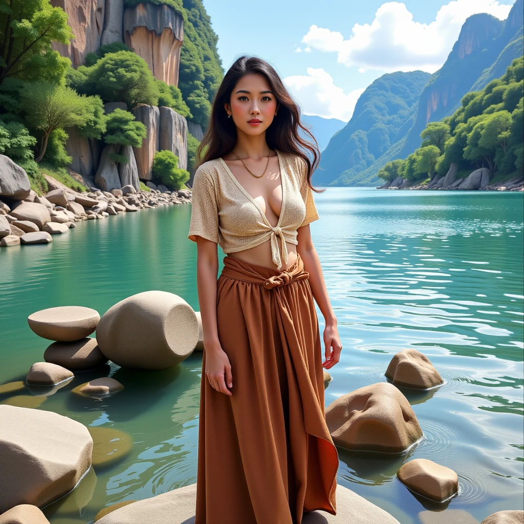 Create a picture of An ancient beautiful young Indonesian peasant woman, detailed face, she was washing her laundry on the big stonebat the bank of the crystal clear River Water with breathtaking view and background, masterpiece professional hyper realistic water color painting, cinematic, hyper maximalist, best quality, high resolution, Don Lawrence style