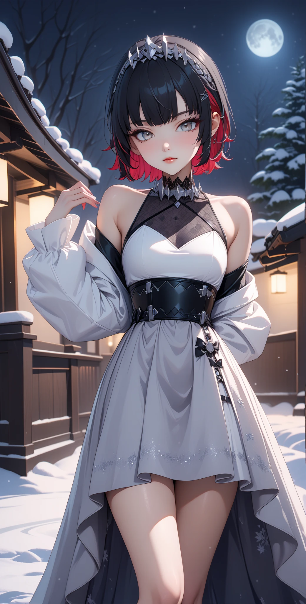 score_9, score_8_up, score_9_up, source_anime, close up photo,  beautiful face, ellenjoe, night, passionless,  closed mouth, ellen joe, black hair, moonlight, japanese party, night winter,  night party, snow, sexy body, very small breasts,  colored inner hair, multicolored hair, grey eyes, red hair,  short hair,  two-tone hair, shoulders covered, shoulders covered by the dress, not loooking at the viewer, winter long dress, dance long dress, dance dress, dress for dancing, winter sleeves, shoulders covered by sleeves, long sleeves, long shirt, silver corset, gala elegant dress, winter dress, elegant dress, night,  dark room, arms behind her back, lace collar,sexy body,  small breasts, two-tone hair,  beautiful eyes, beautiful legs, sexy legs, solo, fantasy world, night, beautiful eyes