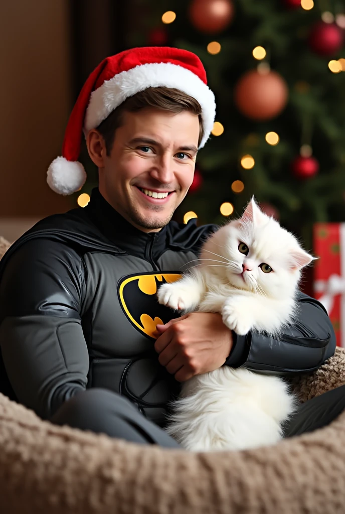  looking at viewer, 1 male, Bat man style , holding cute white cat, brown short hair, brown eye ,smile,  Bat man costume, male  sexy cat pose, Santa hat and shoes,  big cat bed, in home Christmas tree, present,  (masterpiece, highest quality, High resolution, Photo realistic, sharp, RAW Photos, wallpaper, perfection, Professional Lighting, Very detailed)