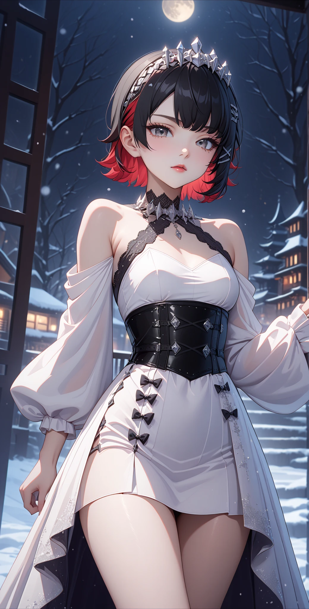 score_9, score_8_up, score_9_up, source_anime, close up photo,  beautiful face, ellenjoe, night, passionless,  closed mouth, ellen joe, black hair, moonlight, japanese party, night winter,  party, fantasy party, fantasy night dress, night party, snow, sexy body, very small breasts,  colored inner hair, multicolored hair, grey eyes, red hair,  short hair,  two-tone hair, shoulders covered, shoulders covered by the dress, not loooking at the viewer, winter long dress, dance long dress, dance dress, dress for dancing, winter sleeves, glitter in the corset, shoulders covered by sleeves, long sleeves, long shirt, silver corset, gala elegant dress, winter dress, elegant dress, night,  dark room, arms behind her back, lace collar,sexy body,  small breasts, two-tone hair,  beautiful eyes, beautiful legs, sexy legs, solo, fantasy world, night, beautiful eyes