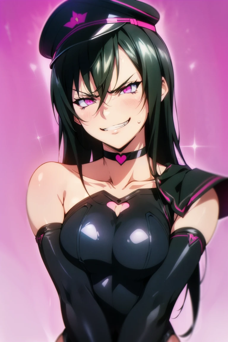 beautiful, masterpiece, ultra detailed, extremely detailed, ultra high res, 8k, beautiful detailed face, anime screencap, heart shaped face woman, (black hair:1.2), long hair, hair between eyes, large breasts, fearless face, sharp face, slant eyes, cat eyes, 170cm tall, adult, perfect proportion, (((black high-leg leotard))), (((bare shoulder, bare collarbone))), cleavage, (((thigh boots))), (((choker))), (((military cap))), anime style, ultra detailed beautiful face and eyes, front view, raw phot, incredibly absurdres, Beautiful portrait of cute anime girls, super fine illustration, full-hd, hdr, best aesthetic, distinct, exquisite, masterwork, by famous artist, highers, (((perfect anatomy))), mocking, (((rape face))), (((evil grin))), intense eyes, sadistic, gleaming skin, oil skin, slut face, full-face blush, smirking, mischievous grin, furrowed mouth, both legs, pouty lips, downturned corners, rosy hue, grin widely, cheeky smirk, (((bad-tempered glare))), gloating, crazy smile, scary face, cruel smile, fang, connected teeth,, (((elbow gloves))), (((big connected teeth)), glare, grimace, smirk, (((scowling face))), smile broadly, symmetrical eyes, even eyes, perfect eyes, (((squinting eyes))), deep detailed eyes, shiny clothes, 1girl, solo, smug, smile grimly, (((dimpled smile))), (((pink eyes, eyes must be vibrant))), (((upper body shot and standing))), (((laugh))), (((pleasure face))), (((brutality face))), (((scary face))), (((fang))), perfect face, perfect femake body, (((light eyes, clear eyes, shiny eyes))), garter straps, enamel bondage, accurate face parts, Smooth and Flawless Skin, Expressive and Captivating Eyes, Well-Defined Facial Features, Radiant and Healthy Glow, Perfectly Proportioned Face, Graceful and Symmetrical Features, Fine Details and Realistic Textures, shiny, shiny hair, purple background, bare arms, cleavage cutout, bare breasts, bare chest,