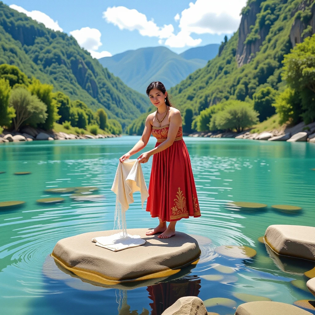 Create a picture of An ancient beautiful young Indonesian peasant woman, detailed face, she was washing her laundry on the big stone at the bank of the crystal clear River Water with breathtaking view and background, masterpiece professional hyper realistic water color painting, cinematic, hyper maximalist, best quality, high resolution, Don Lawrence style