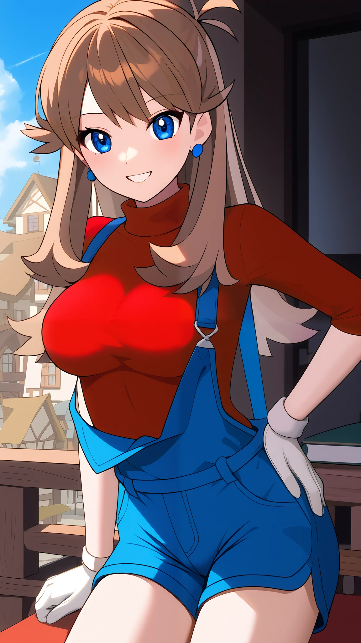  orange brown hair color,  long hair,  blue eyes, red long sleeve shirt , blue shorts overalls,  white knee-high stockings reflective on glass floors,  absolute domain,  Tall,  ANIME COLORING BOOK,  Watch viewers, 1 Female, Age 18,  standing with different breasts , Three idiot hairs ,  with bangs, whole body, Place one hand on hip,  slim figure,  sexy smile,  seductive smile, Ample breasts, orange laces ,  top quality ,  detailed background, Outdoor, town,  break 1 girl , Alone, (\ Pokémon\),  score_9,  score_8_Excellent,  score_7_Excellent,  score_6_Excellent,  source_Anime,  cell shading ,  Flat Color , vector, Two legs,
