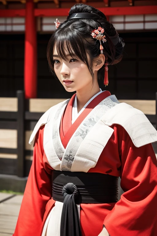 best quality , masterpiece , perfect face , samurai girl , korean beauty , shy face , kimono , katana , japanese castle , blunt bangs