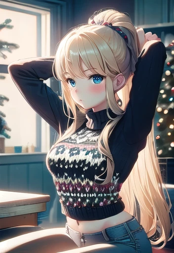 masterpiece,best quality,ultra detail,girl, , black jeans, christmas sweater, christmas tree, sitting, blonde hair, blue eyes, long hair, stretching, arms up, blush, wide hips