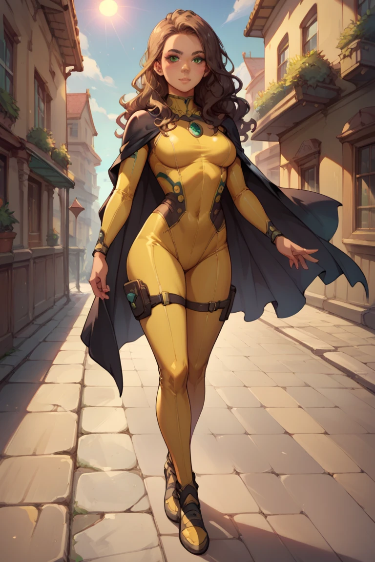 score_9, score_8_up, score_7_up, score_9, BREAK, Latina, light brown skin, adorned with long, wavy black hair and outstretched green eyes. Bodysuit, sexy, sun symbol, yellow costume, black cape, city, full body day, standing, looking at viewer, sexy zoom