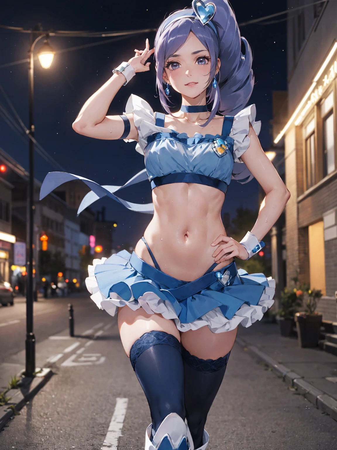 masterpiece,  top quality ,  viewer on one side,  deep border, ,( outdoors on the street at night),
 One Girl , (Cure Berry:1.1),  Pretty Cure, Wrist cuff,  blue skirt,  side ponytail , Blue Boots, gem,  headband,  navy knee socks, belly button, Blue Ribbon,sweat, dynamic pose,abs、Around town