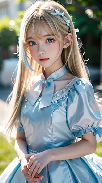 絶世の凄く綺麗なプラチナBlonde美少女、( super detailed ),  light blue,(ruffle dress),(Short sleeve), upper body、 closeup 、、Cute expression、,front, ,  teenage gtail,(No tail),2D, masterpiece,  top quality , And soul, Detailed Eyes, Super long super long platinum hair with a very beautiful whitish shine and extremely bright light blue big eyes 、Detailed face, With a girl, Only one person,目が覚めるような明るいBlondeの超長いスーパーロングプラチナヘア, (Blonde),  Ear hair, ,  single blade , ( single blade ), ( Side Blades ),  pink ribbon,  ribbon around her neck, (White sleeves), Background bokeh、 so beautiful beautiful beautiful girl in the world、Bangs between the eyes、Bangs above the face、Small Face Beauty、round face、