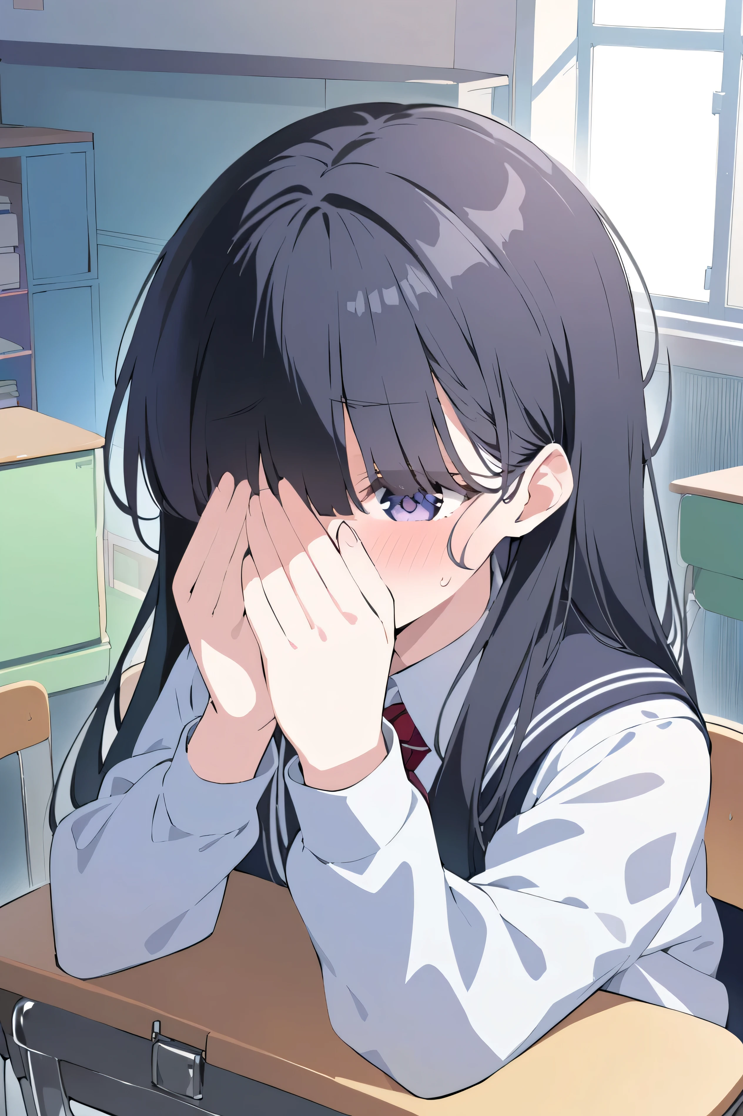 masterpiece,best qualitiy,high detail,1girl,long hair,sailor uniform,arms over face, (crying:1.3) <lora:huohuo:0.7>indoor,window,grit teeth <lora:hyperdetailer_v080:0.4>