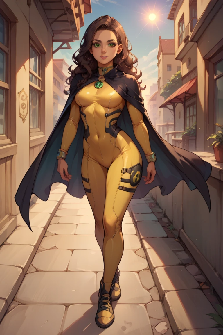 score_9, score_8_up, score_7_up, score_9, BREAK,  super heroina Latina, light brown skin, adorned with long, wavy black hair and outstretched green eyes. Bodysuit, sexy, sun symbol, yellow costume, black cape, city, full body day, standing, looking at viewer, sexy