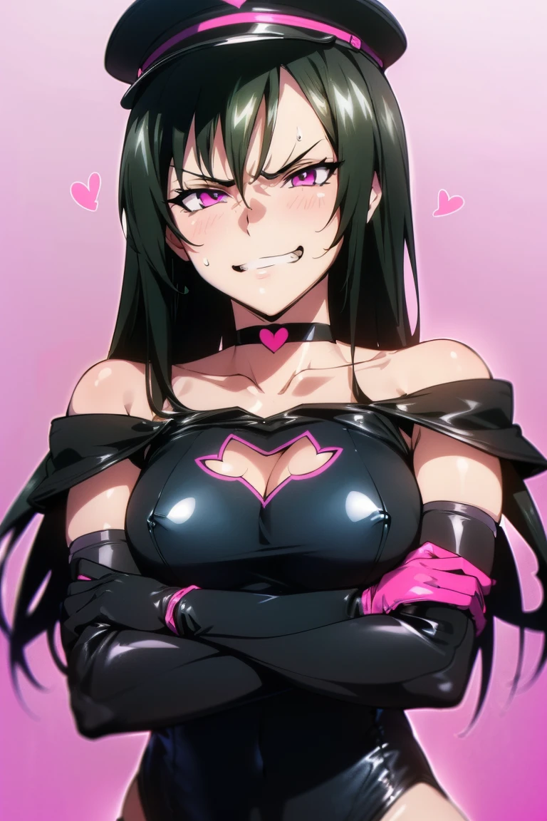 beautiful, masterpiece, ultra detailed, extremely detailed, ultra high res, 8k, beautiful detailed face, anime screencap, heart shaped face woman, (black hair:1.2), long hair, hair between eyes, large breasts, fearless face, sharp face, slant eyes, cat eyes, 170cm tall, adult, perfect proportion, (((black high-leg leotard))), (((bare shoulder, bare collarbone))), cleavage, (((thigh boots))), (((choker))), (((military cap))), anime style, ultra detailed beautiful face and eyes, front view, raw phot, incredibly absurdres, Beautiful portrait of cute anime girls, super fine illustration, full-hd, hdr, best aesthetic, distinct, exquisite, masterwork, by famous artist, highers, (((perfect anatomy))), mocking, (((rape face))), (((evil grin))), intense eyes, sadistic, gleaming skin, oil skin, slut face, full-face blush, smirking, mischievous grin, furrowed mouth, both legs, pouty lips, downturned corners, rosy hue, grin widely, cheeky smirk, (((bad-tempered glare))), gloating, crazy smile, scary face, cruel smile, fang, connected teeth,, (((elbow gloves))), (((big connected teeth)), glare, grimace, smirk, (((scowling face))), smile broadly, symmetrical eyes, even eyes, perfect eyes, (((squinting eyes))), deep detailed eyes, shiny clothes, 1girl, solo, smug, smile grimly, (((dimpled smile))), (((pink eyes, eyes must be vibrant))), (((upper body shot and standing))), (((laugh))), (((pleasure face))), (((brutality face))), (((scary face))), (((fang))), perfect face, perfect femake body, (((light eyes, clear eyes, shiny eyes))), garter straps, enamel bondage, accurate face parts, Smooth and Flawless Skin, Expressive and Captivating Eyes, Well-Defined Facial Features, Radiant and Healthy Glow, Perfectly Proportioned Face, Graceful and Symmetrical Features, Fine Details and Realistic Textures, shiny, shiny hair, purple background, bare arms, cleavage cutout, bare breasts, bare chest,