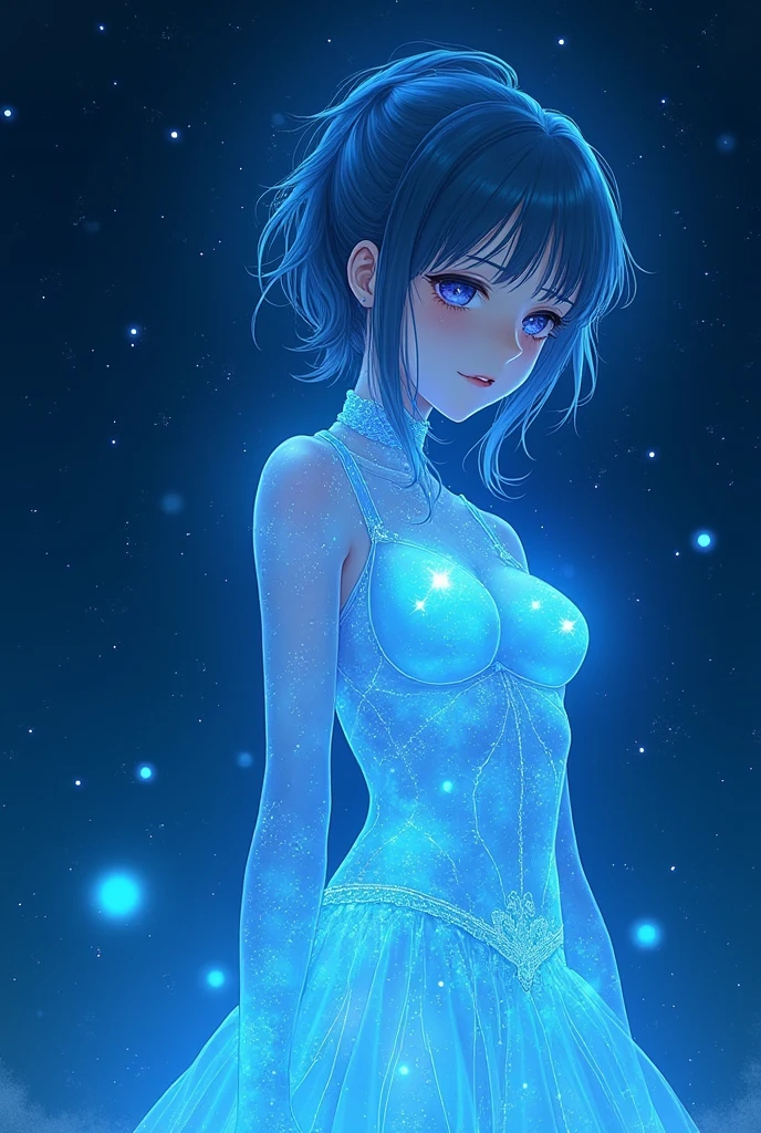  anime illustration art, Her delicate figure is carved like a work of art ,  looking at me, The blue night enveloped her,  casts a melancholy glow on her ethereal figure . Her glass Body Glows with bright blue hues,  Every line and curve is engraved with fine detail. Stars in glass eyes 々Reflects , It reflects the infinite depth and emotion of the universe . Her grief is indescribable,  but her beautiful figure remains intact , Proof of the incredible power of emotions. This 8K high-resolution woman ,  is an exquisite painting of light and shadow , color, and feeling, Body Glow, (Glowing lines), fluorescence, flash, 萤Particles of light, Backlight, Particles of light,  correct human anatomy ,  anime illustration art, perfect watercolor, 完璧なcolor彩のイラストアート, 
