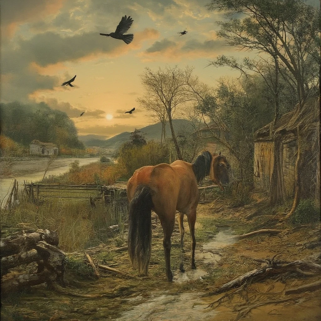 masterpiece, high quality, high resolution,8k, chinese painting ,, Withered vines, aged ((trees)), dusk ((crows)) cawing free,, ((a small bridge)), flowing water, (((a humble dwelling))),  (a horse:1.6),, Westward blows the chilly wind on ((an ancient path)),, As the sun sets, my heart aches with a lonely wrath,, 