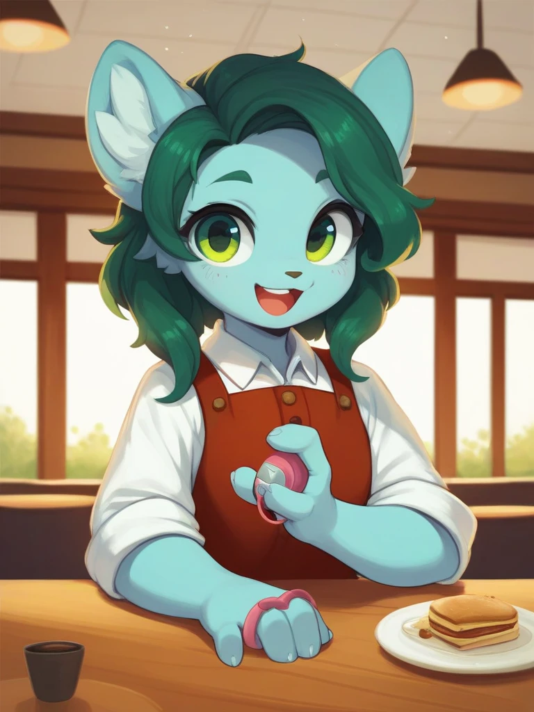 female hare fursona, looking down to a small dog fursona, grabbing a blueberry pie