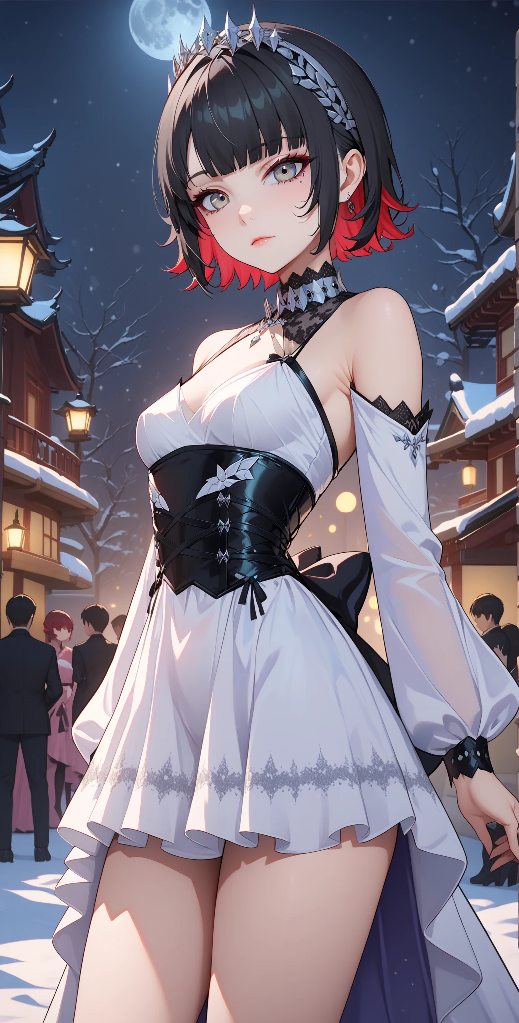 score_9, score_8_up, score_9_up, source_anime, close up photo,  beautiful face, ellenjoe, night, passionless,  closed mouth, ellen joe, black hair, moonlight, japanese party, night winter,  party, fantasy party, fantasy night dress, night party, snow, sexy body, very small breasts,  colored inner hair, multicolored hair, grey eyes, red hair,  short hair,  two-tone hair, shoulders covered, shoulders covered by the dress, not loooking at the viewer, winter long dress, dance long dress, dance dress, dress for dancing, winter sleeves, glitter in the corset, shoulders covered by sleeves, long sleeves, long shirt, silver corset, gala elegant dress, winter dress, elegant dress, night,  dark room, arms behind her back, lace collar,sexy body,  small breasts, two-tone hair,  beautiful eyes, beautiful legs, sexy legs, solo, fantasy world, night, beautiful eyes