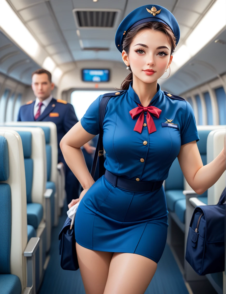  flight attendants、airport、 standing with different breasts 、 stewardess 、 cabin attendant、uniform、 tight skirt 、Navy Blue