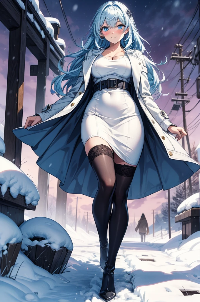 realistic, 1 women, best quality, 12k, HD, long hair, big round breasts, cleavage, ponytail, necklace, jewelry, shorts, short jacket, slim hips, hair tie, yellow eyes, black hair, super detailed, Eye details, hair details, person details, mouth details, face details, breast details, clothes details, hair details, pants details, hand details, whole body