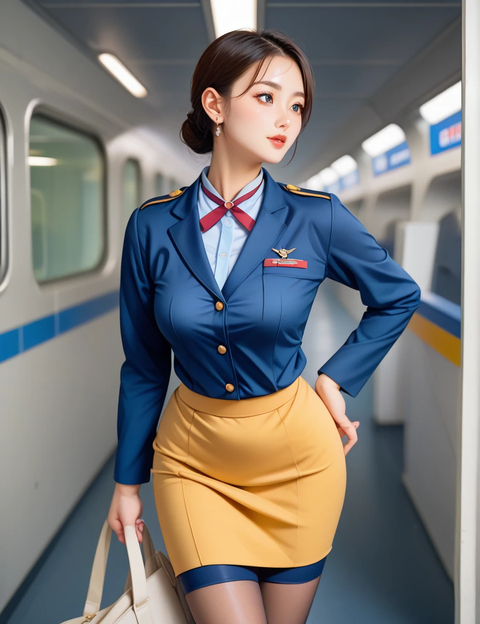  flight attendants、airport、 standing with different breasts 、 stewardess 、 cabin attendant、uniform、 tight skirt 、Navy Blue