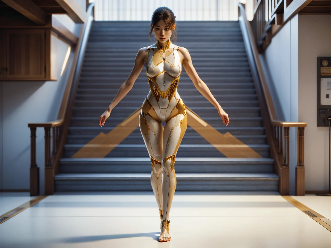 An abstract depiction of a dynamic, naked woman Hta6 00173R, descending an implied staircase, her movements captured as a blurred sequence of overlapping poses. The figure is rendered through the aesthetic of chronophotography, where each phase of her descent is superimposed, creating a flowing yet mechanical representation of motion. The body remains intact but appears repeated in various stages of action, with curved lines and angular planes suggesting fluidity and precision. The color palette is dominated by ochre, brown, and gold, evoking a sense of industrial modernity. The staircase is suggested through intersecting diagonal lines, subtly framing the scene. The overall atmosphere conveys a fusion of motion, time, and energy, capturing the essence of simultaneity and modernist abstraction.