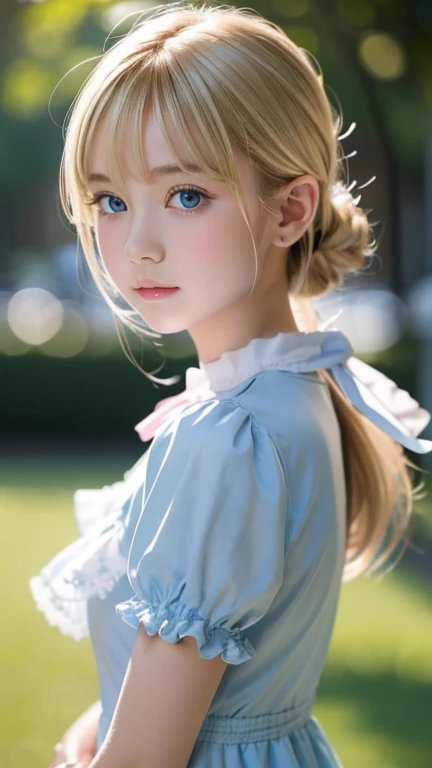 絶世の凄く綺麗なプラチナBlonde美少女、( super detailed ),  light blue,(ruffle dress),(Short sleeve), upper body、 closeup 、*********、Cute expression、,front, ,  ******* girl,No tail,(No tail),2D, masterpiece,  top quality , And soul, Detailed Eyes, Big ice blue eyes that shine so beautifully whitish and are extremely bright、Detailed face, With a girl, Only one person,目が覚めるような明るいBlondeの超長いスーパーロングプラチナヘア, (Blonde),  Ear hair, ,  single blade , ( single blade ), ( Side Blades ),  pink ribbon,  ribbon around her neck, (White sleeves), Background bokeh、 so beautiful beautiful beautiful girl in the world、Bangs between the eyes、Bangs above the face、Small Face Beauty、round face、