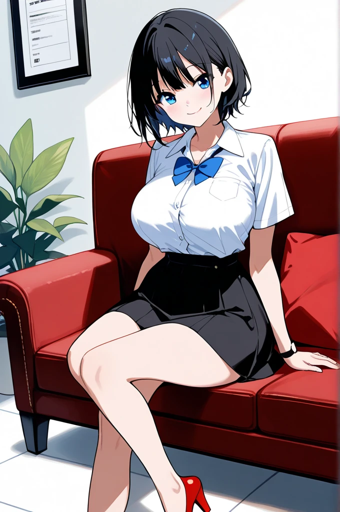 Young girl with blue hair,short straight hair and short bangs (purple eyes),, ((small bushy eyebrows)), wearing gothic lolita clothing, lolicon , (medium large breast, breasts out of blouse), walking to school, bored look, bored face,,, (sitting with legs open lifting her skirt to show her vagina wet with semen),