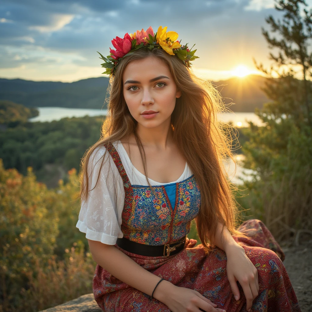 20 year old woman in Ukrainian costume Corolla wreath wearing wreath on head Blue eyes River and blue sky in background Afternoon light sunset realistic illustration