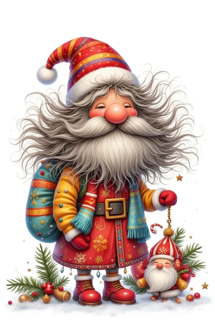 Digital Illustration，Red gloves, Long beard, 大胡须, indoors,  unique ,  actual ,  Santa Claus ，Tom's ,  red shoes, Christmas tree,  permanent, stripe, christmas ornaments，It&#39;s snowing